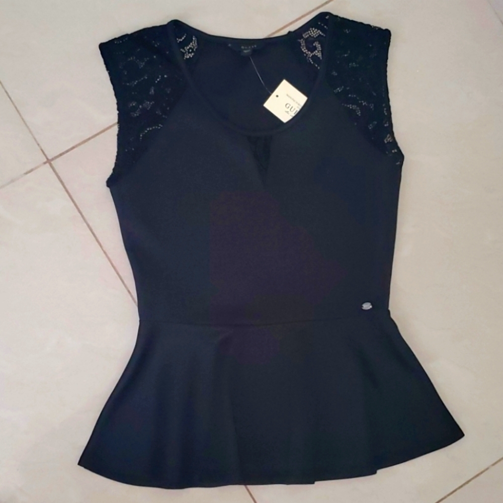 NWT GUESS embroidered Black Top Blouse sz XS